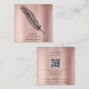 Tarjeta De Visita Cuadrada Notary Signing Agent Feather Quill Rosa Gold