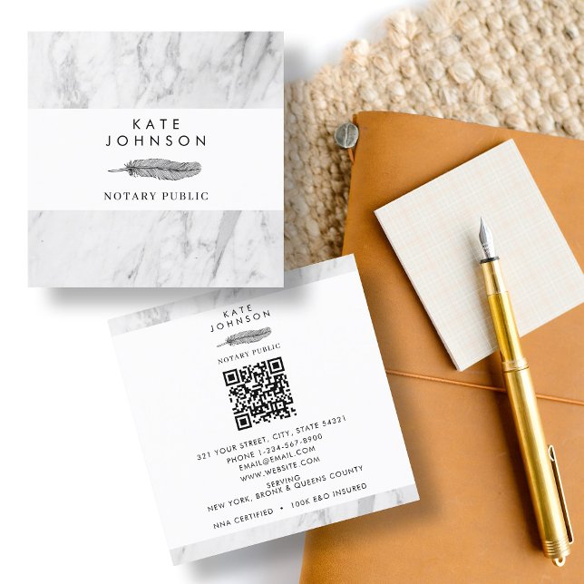 Tarjeta De Visita Cuadrada Notary Signing Agent White Marble Quill Logo (Notary Signing Agent White Marble Quill Logo Square Business Card)