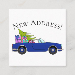Tarjeta De Visita Cuadrada Nueva dirección de coche azul con regalos de Navid