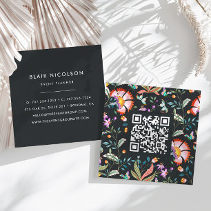 Tarjeta De Visita Cuadrada Oasis nocturno   Código QR de patrón floral