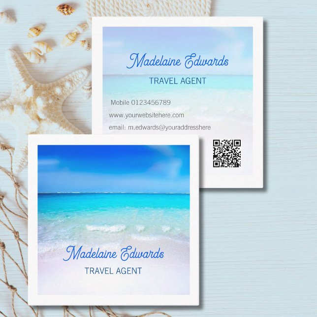 Tarjeta De Visita Cuadrada Ocean Beach QR Code Blue Scene Modern Square (Subido por el creador)
