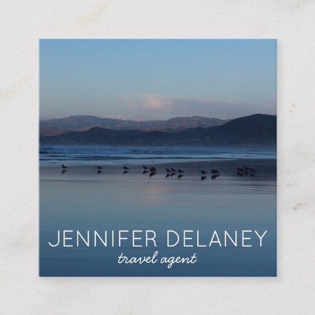Tarjeta De Visita Cuadrada Ocean Beach Waves Birds Sunset Nature Foto Viaje (Anverso)
