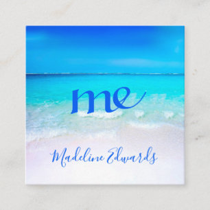 Tarjeta De Visita Cuadrada Ocean Wave Beach Scene Blue Modern Monogram Square