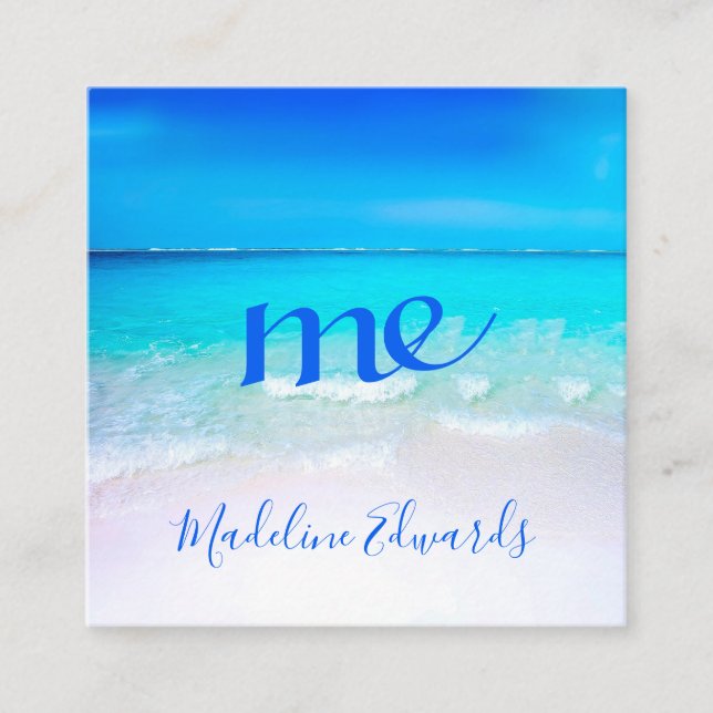 Tarjeta De Visita Cuadrada Ocean Wave Beach Scene Blue Modern Monogram Square (Anverso)