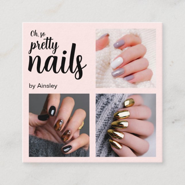 Tarjeta De Visita Cuadrada Oh So Pretty Nail Artist Pink Script Photo (Anverso)