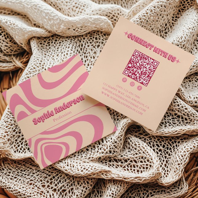 Tarjeta De Visita Cuadrada Onda Retro Rosa Groovy con Código QR (Subido por el creador)