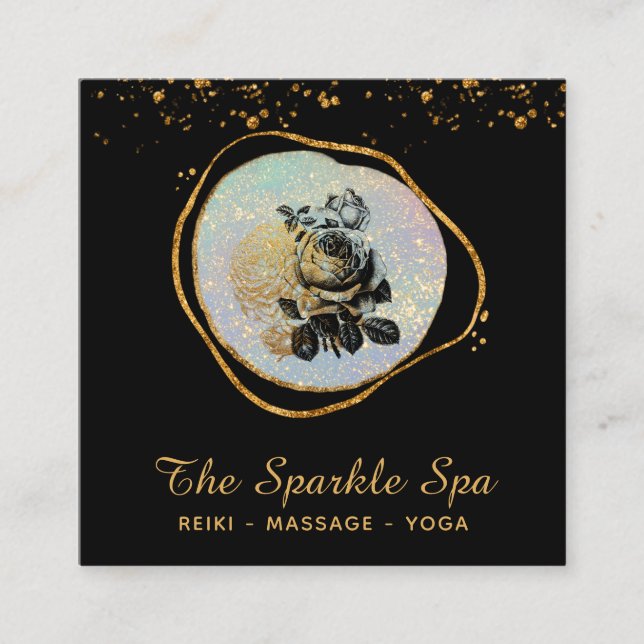 Tarjeta De Visita Cuadrada *~* Opal Gold Purpurina Rosa de marco dorado (Anverso)