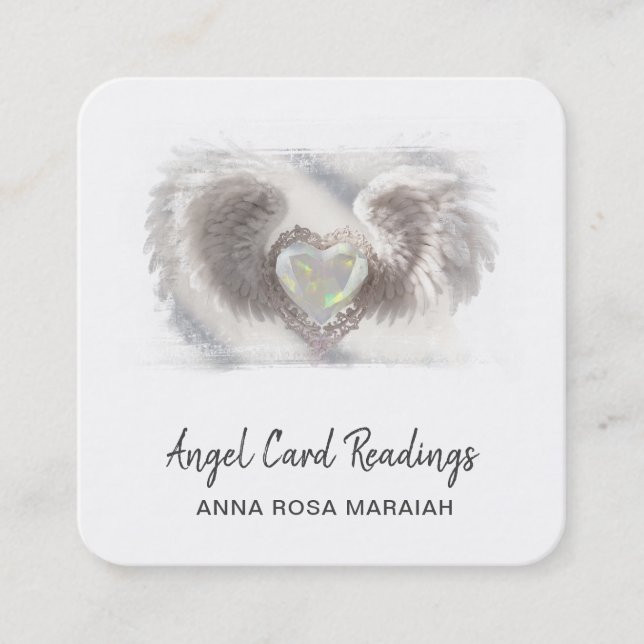 Tarjeta De Visita Cuadrada *~* Opal Heart QR Angel Wings AP78 White Delicate (Anverso)