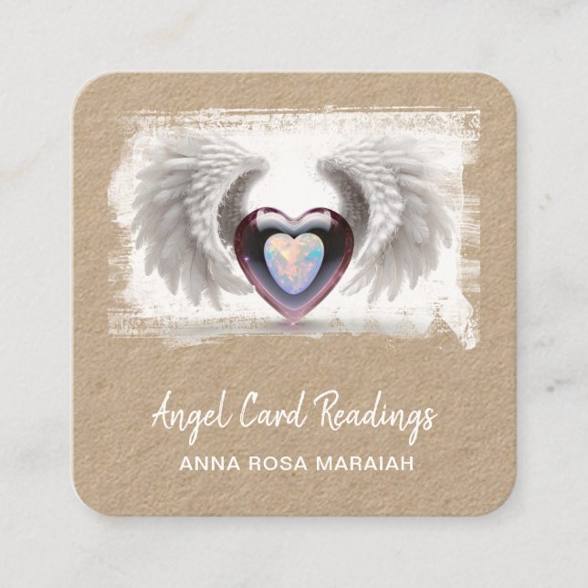 Tarjeta De Visita Cuadrada *~* Opal Two Heart QR Angel Wings AP78 Kraft (Anverso)