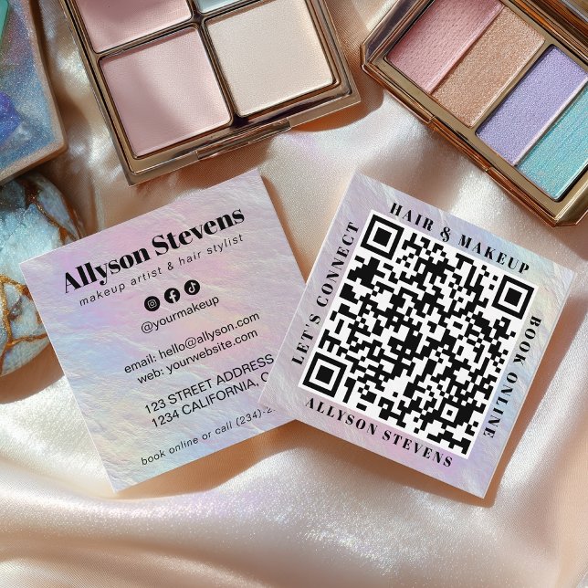 Tarjeta De Visita Cuadrada Opalescent Pearl QR Code Hair Makeup Artist (Opalescent Pearl QR Code Hair Makeup Artist Square Business Card)