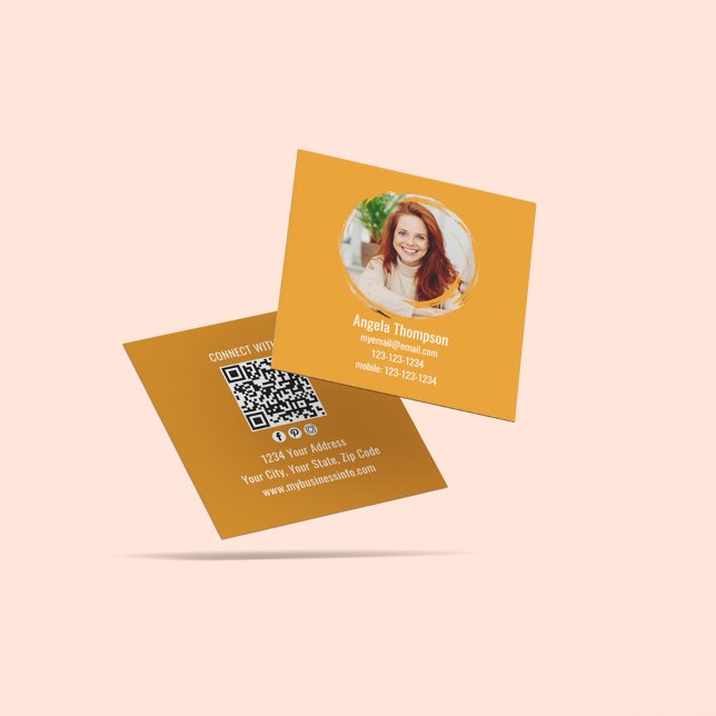 Tarjeta De Visita Cuadrada Orange Connect with Me Photo QR Code  (Business card with photo and QR code template.)