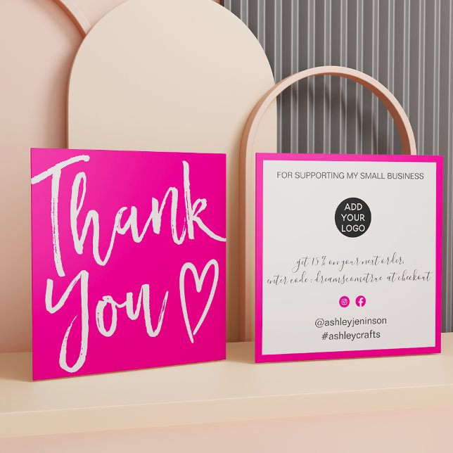 Tarjeta De Visita Cuadrada Orden de escritura de agradecimiento moderno mínim (Modern thank you script order minimal hot pink square business card)