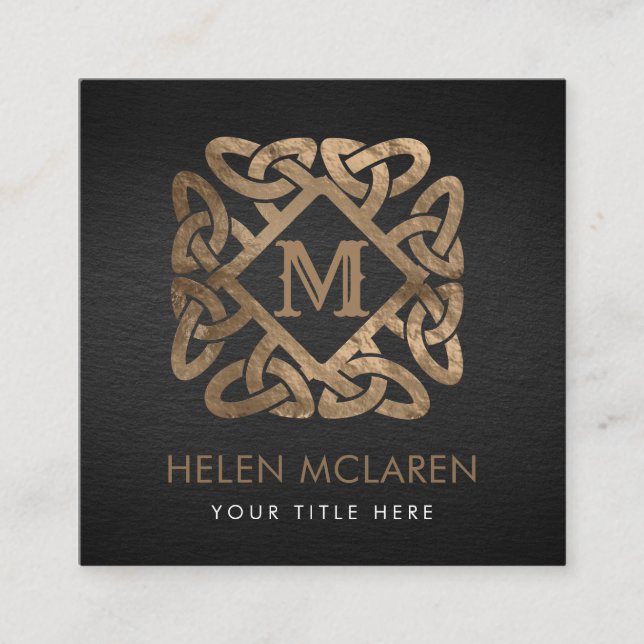 Tarjeta De Visita Cuadrada Ornamento nudo celta monograma dorado (Anverso)