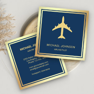 Tarjeta De Visita Cuadrada Oro Azul Hojalata Aeronave Avión Aerolínea Piloto