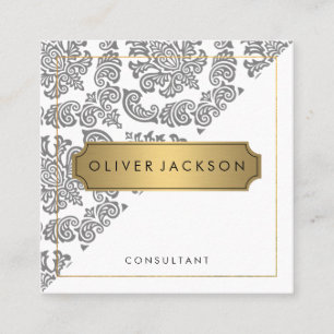 Tarjeta De Visita Cuadrada Oro Blanco Damask Ejecutivo