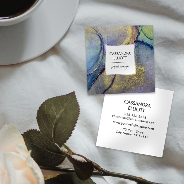 Tarjeta De Visita Cuadrada Oro iridiscente multicolor Resumen Arte líquido (Subido por el creador)