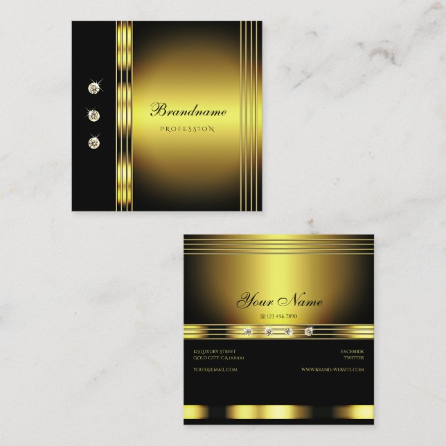 Tarjeta De Visita Cuadrada Oro lujoso y negro con diamantes espumosos (Anverso / Reverso)