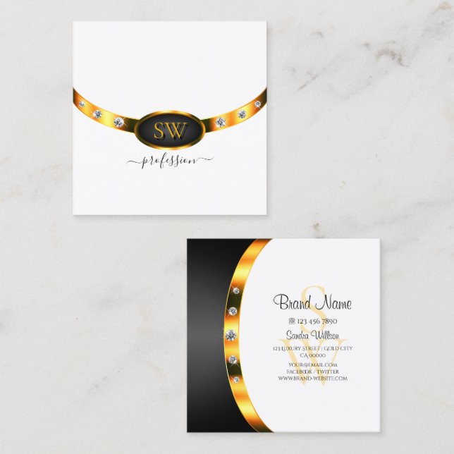 Tarjeta De Visita Cuadrada Oro negro blanco moderno con iniciales y diamantes (Anverso / Reverso)