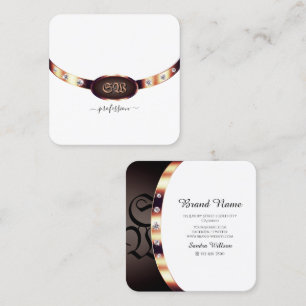Tarjeta De Visita Cuadrada Oro Rosa y blanco de lujo con joyas monogramadas