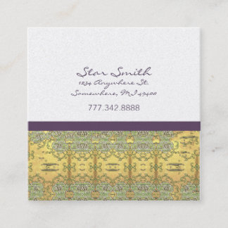 Tarjeta De Visita Cuadrada Oro vintage y patrón floral morado giratorio