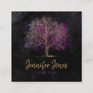 Tarjeta De Visita Cuadrada Oro y árbol púrpura de la acuarela