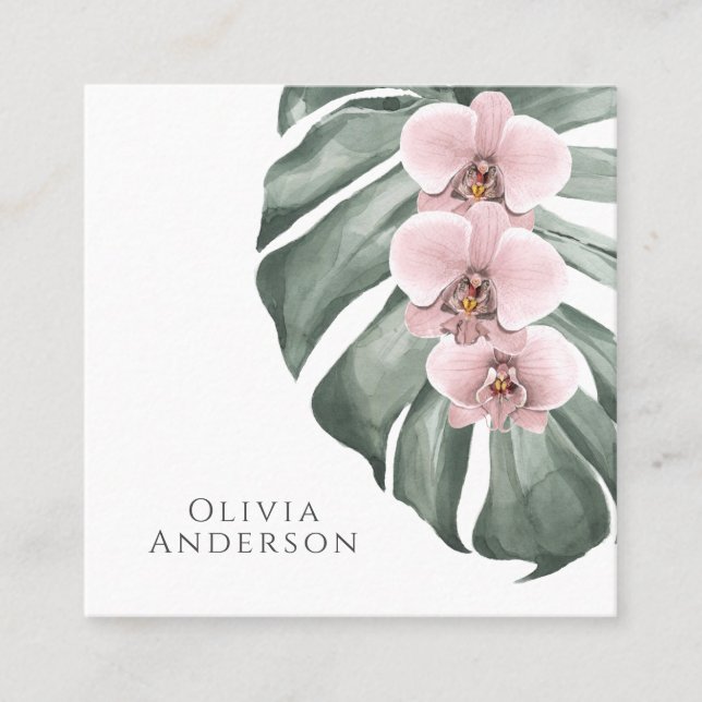 Tarjeta De Visita Cuadrada Orquídeas rosadas calientes en el frasco tropical  (Anverso)