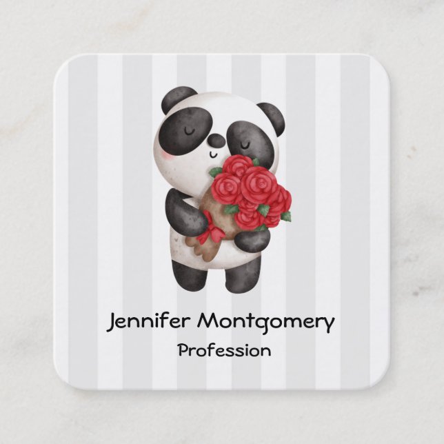 Tarjeta De Visita Cuadrada Oso de Panda con Rose Bouquet (Anverso)