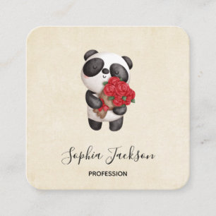Tarjeta De Visita Cuadrada Oso de Panda con Rose Bouquet