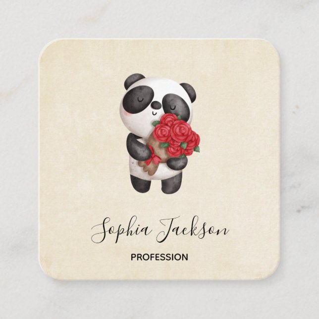 Tarjeta De Visita Cuadrada Oso de Panda con Rose Bouquet (Anverso)