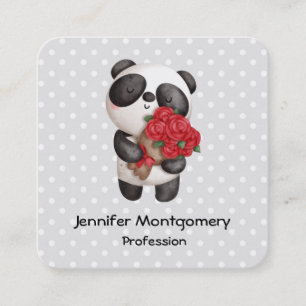 Tarjeta De Visita Cuadrada Oso de Panda con Rose Bouquet