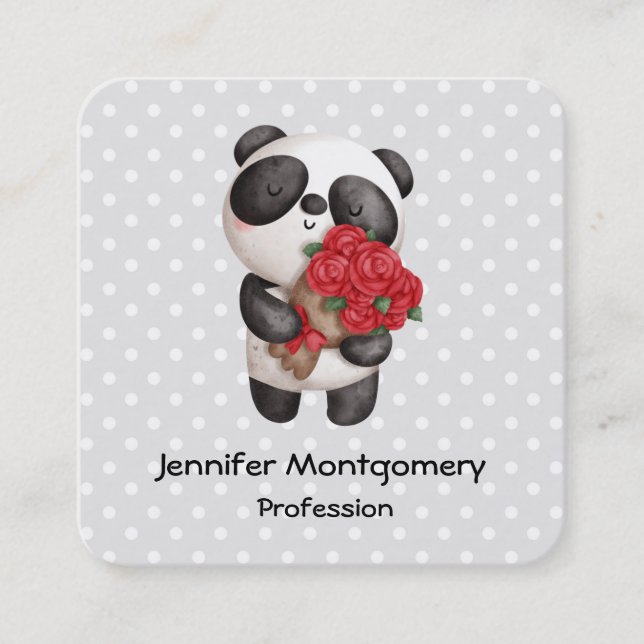 Tarjeta De Visita Cuadrada Oso de Panda con Rose Bouquet (Anverso)