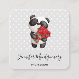 Tarjeta De Visita Cuadrada Oso de Panda con Rose Bouquet