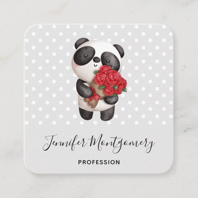 Tarjeta De Visita Cuadrada Oso de Panda con Rose Bouquet (Anverso)