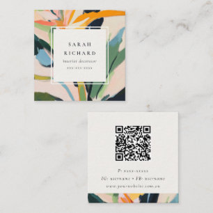 Tarjeta De Visita Cuadrada Pájaro Colorido del Paraíso Código QR Floral Pinta