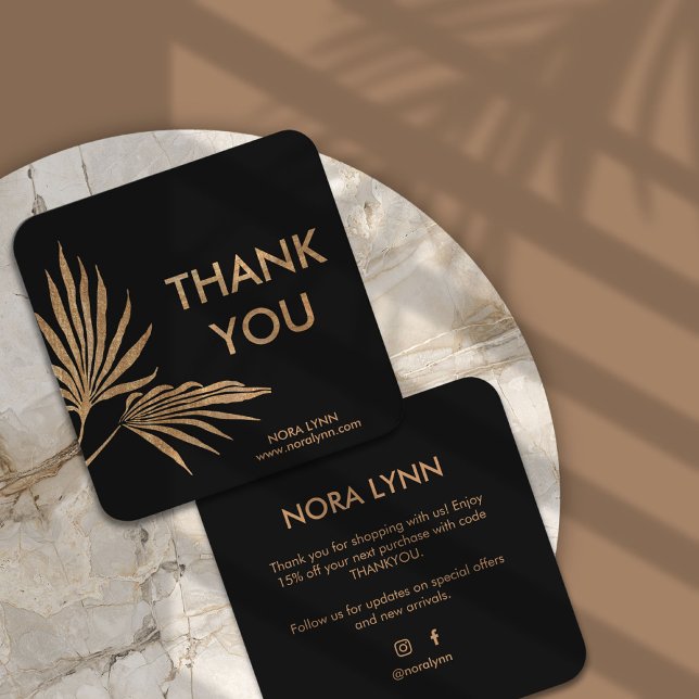 Tarjeta De Visita Cuadrada Palm Leaf Black and Gold Gracias (golden palm business card)