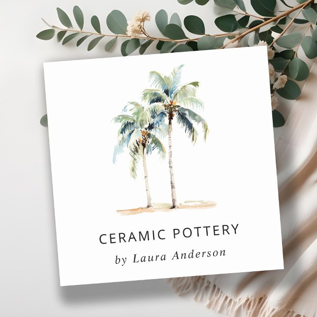 Tarjeta De Visita Cuadrada Palmeras Tropicales Costeras Acuarela Azul Verde (Subido por el creador)