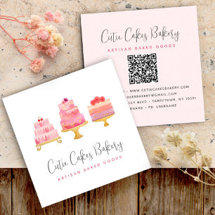 Tarjeta De Visita Cuadrada Panadería 3 Pasteles Rosados Código QR Pastelero L