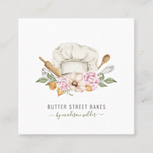 Tarjeta De Visita Cuadrada Panadería Baker Pastry Chef Watercolor Baking Uten