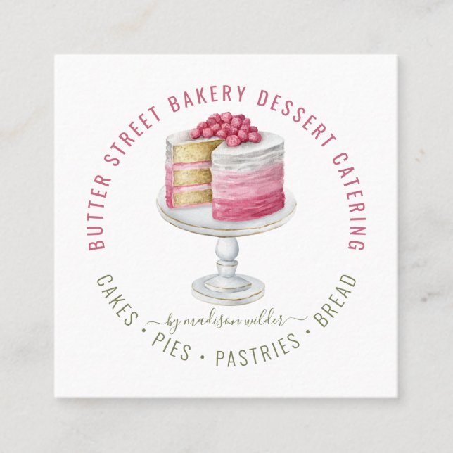 Tarjeta De Visita Cuadrada Panadería Baker Pastry Chef Watercolour Cake (Anverso)