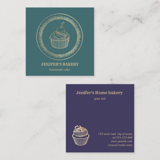 Tarjeta De Visita Cuadrada Panadería casera de Relieve metalizado dorado mode (Anverso / Reverso)