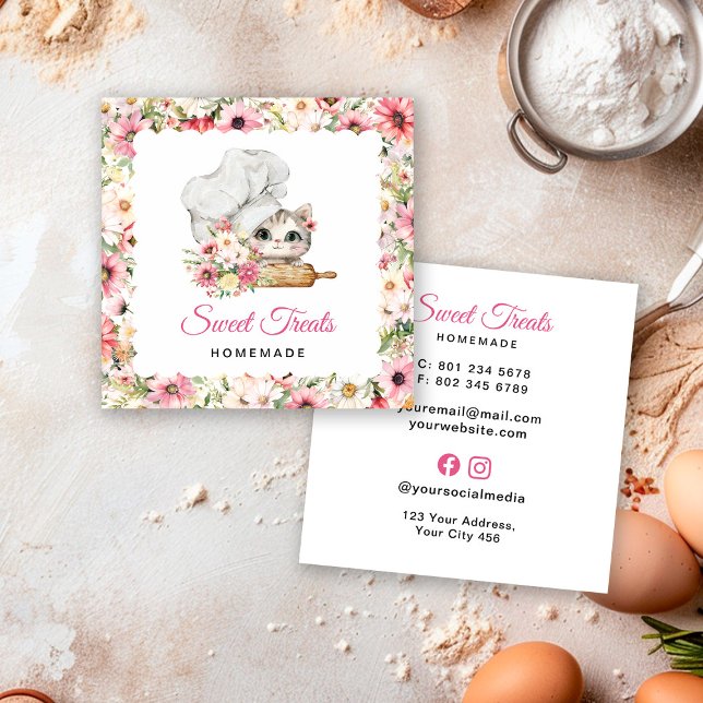 Tarjeta De Visita Cuadrada Panadería Chef Gatito Rosa (Subido por el creador)