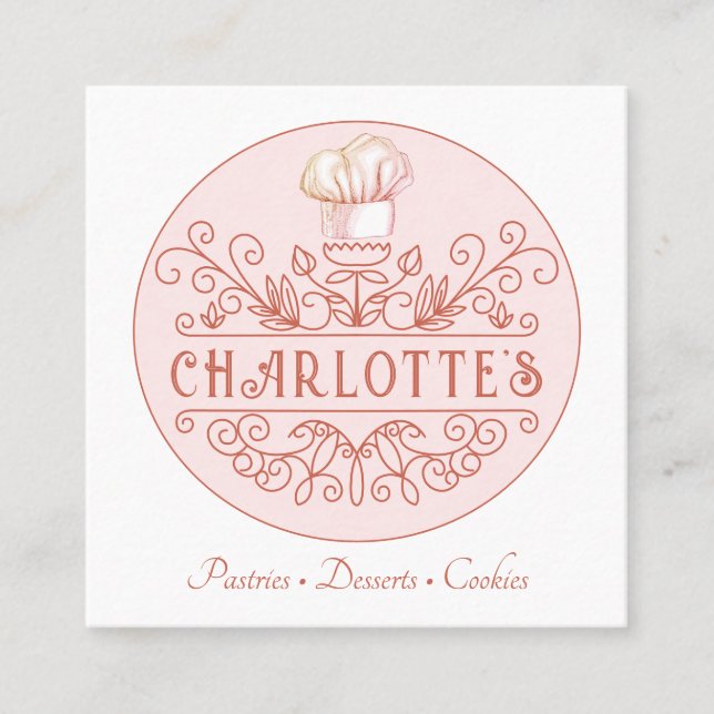 Tarjeta De Visita Cuadrada Panadería con logo rosado Rosa Pastry Chef Baker (Anverso)