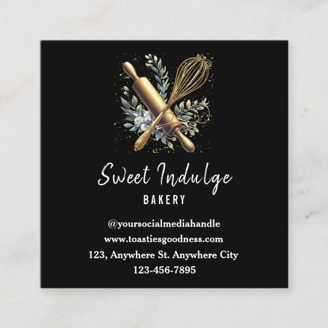 Tarjeta De Visita Cuadrada Panadería Cuadrada de Utensil de Oro Negro (Anverso)