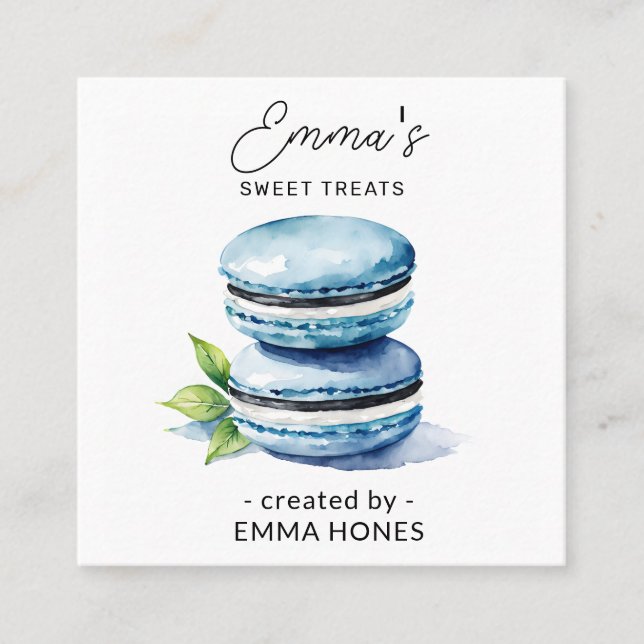 Tarjeta De Visita Cuadrada Panadería de acuarela moderna con macarón azul (Anverso)