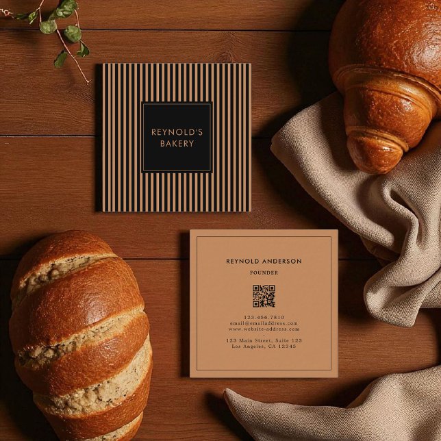 Tarjeta De Visita Cuadrada Panadería de código QR de franjas marrones negros  (Subido por el creador)