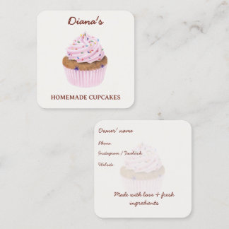 Tarjeta De Visita Cuadrada Panadería de Cupcakes de Acuarela Rosa