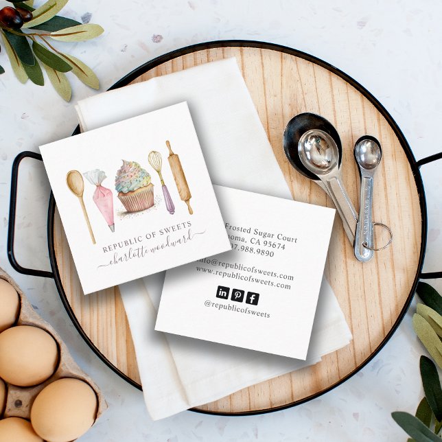 Tarjeta De Visita Cuadrada Panadería de pasteles y utensilios del chef Baker (Subido por el creador)