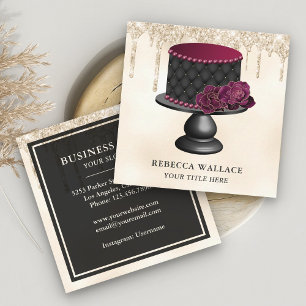 Tarjeta De Visita Cuadrada Panadería de Tarta con Borlas Florales Burgundy Br