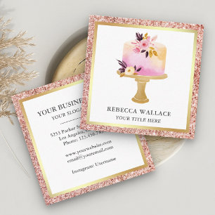 Tarjeta De Visita Cuadrada Panadería de Torta Floral Pastel con Brillo de Oro