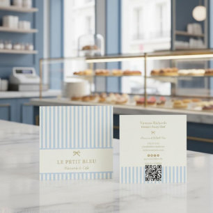 Tarjeta De Visita Cuadrada Panadería Francesa Parisian Blue Stripes QR Pastel